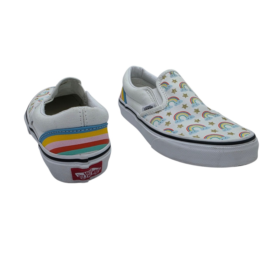 Vans Kids Classic Slip-On Rainbow Star Glitter White Canvas Shoes Size 2.5 Kids